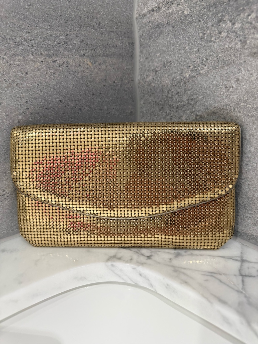 Whiting and Davis Gold Mesh and Leather Wallet Clutch Evening Party Bag Vintage